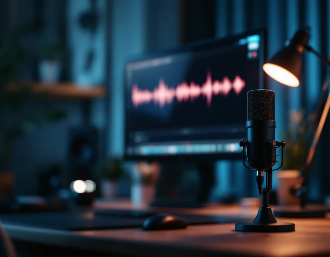 A podcast editing workstation with a waveform on screen and a microphone in the foreground